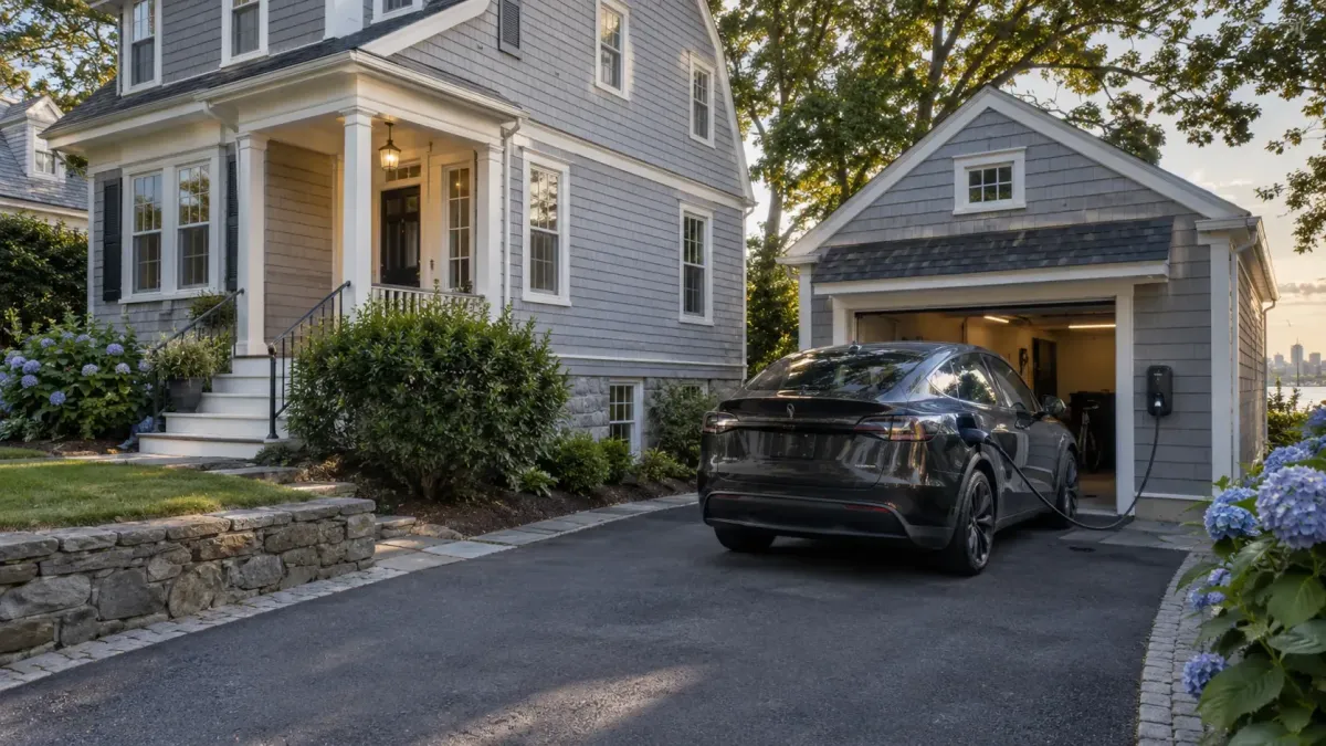 Electrician installing a residential EV charging station at a Boston home