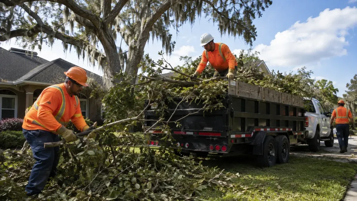 Professional tree cutting crew safely working on a residential property in Hawthorne, FL