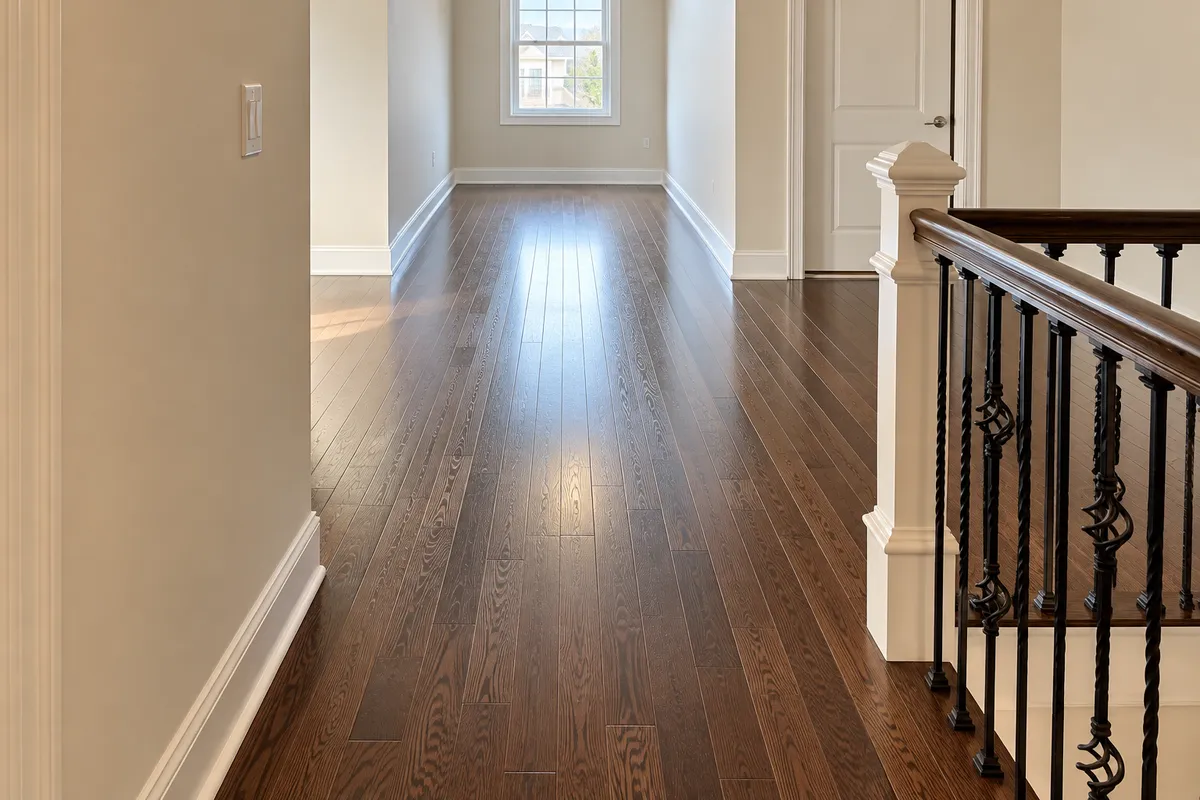 Dark hardwood flooring in a residential hallway with white walls and staircase
