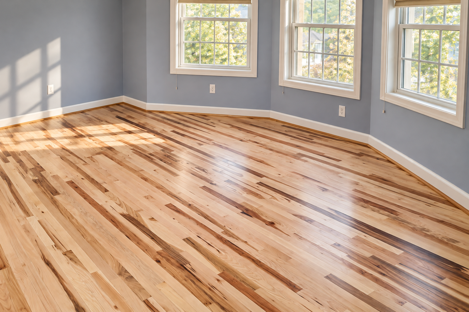 Natural hardwood flooring with varied wood tones in a bright residential room