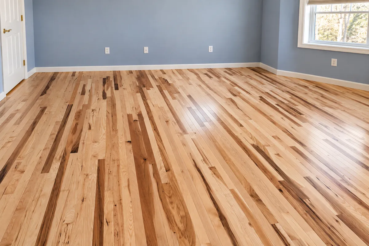 Newly finished hardwood flooring in an empty room with gray walls
