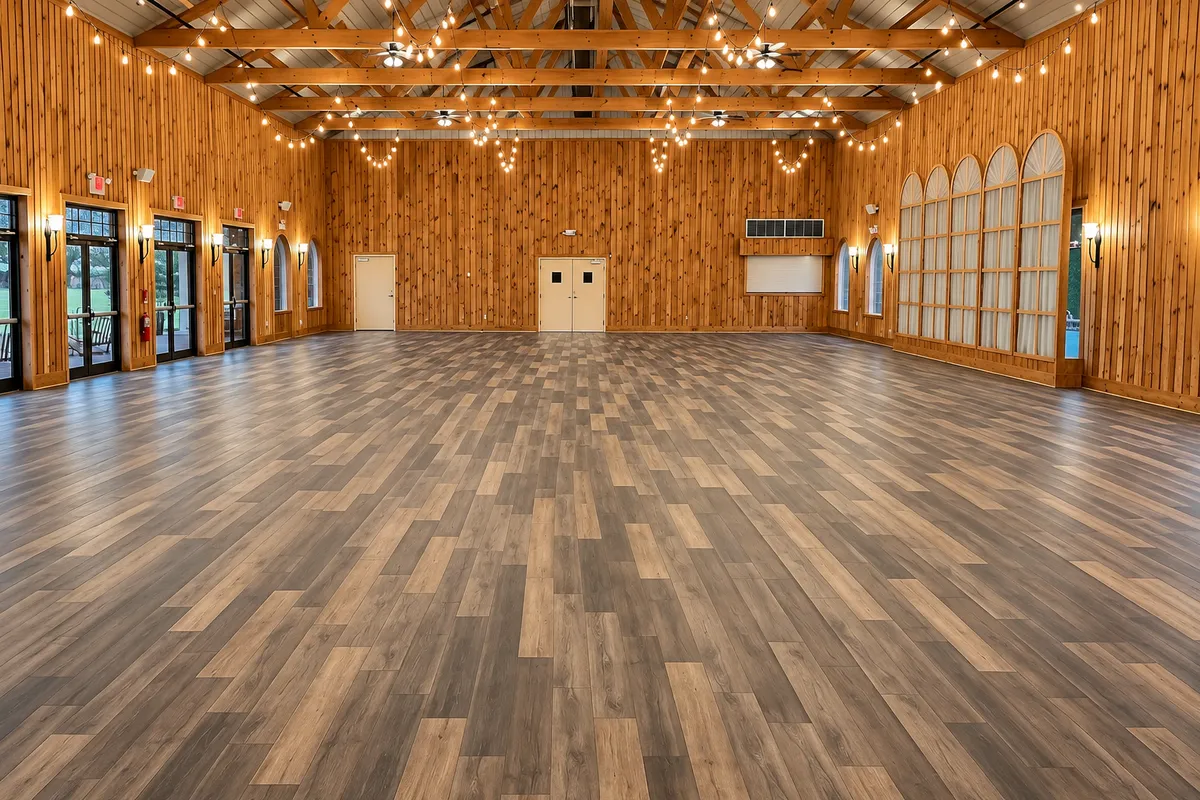 Wood-look flooring in a spacious commercial interior with high ceilings