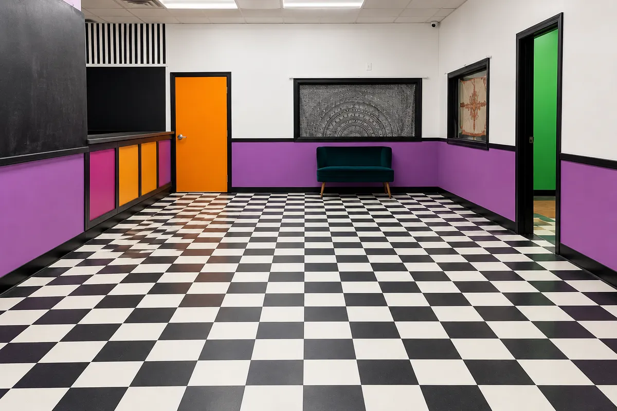 Black and white checkerboard tile flooring in a commercial interior