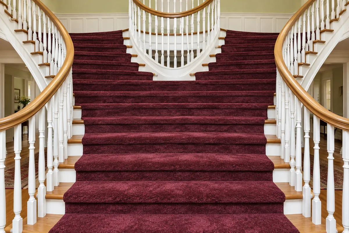 Red carpet covering a curved staircase with white railings and wooden handrails