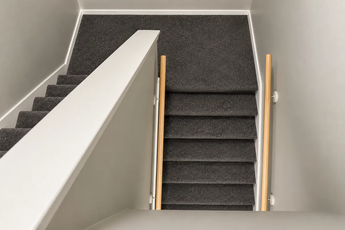 Dark gray carpet installed on a residential staircase with wooden handrails