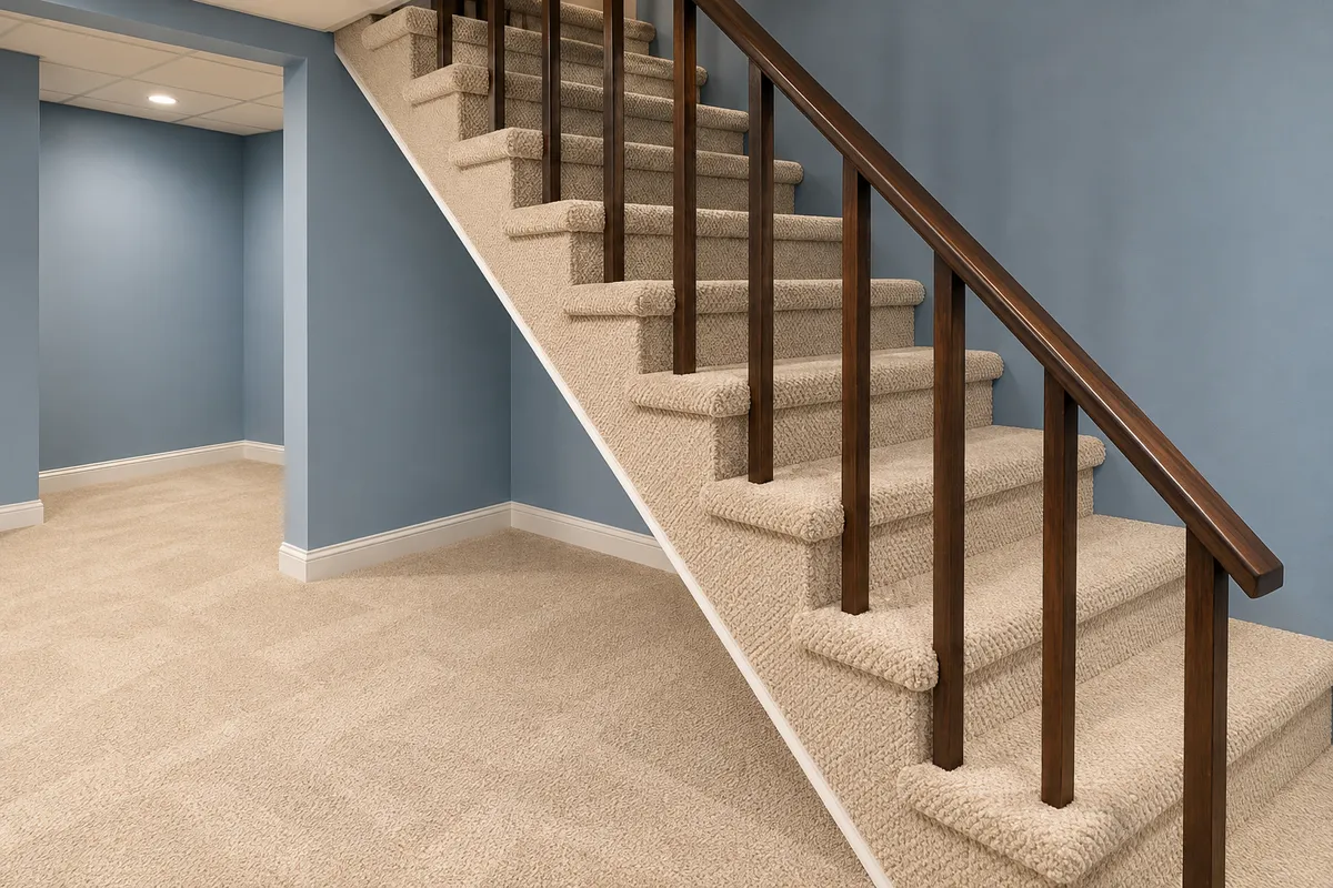 Beige carpet installation on a residential staircase with wooden railing