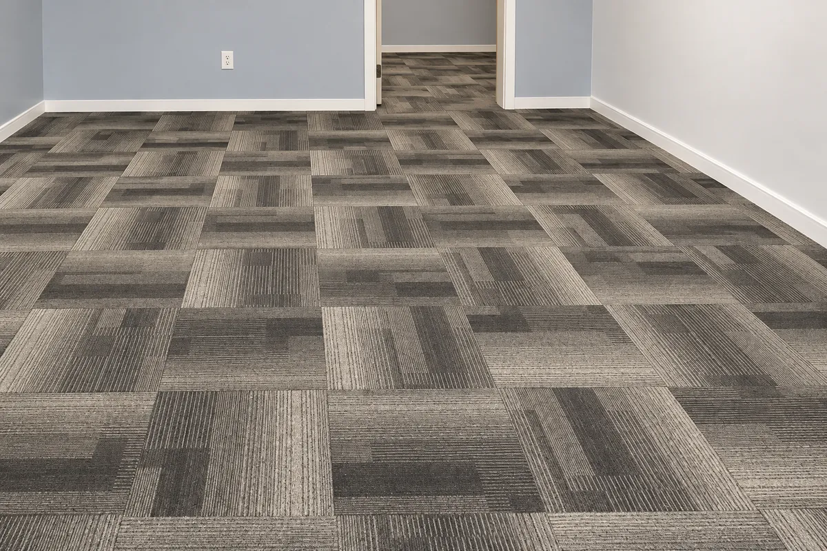 Gray patterned carpet tiles installed in an interior room