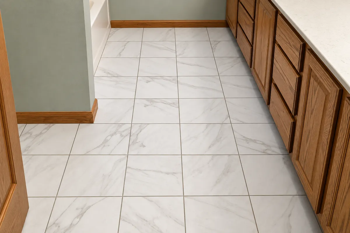 White marble-look tile flooring in a residential kitchen