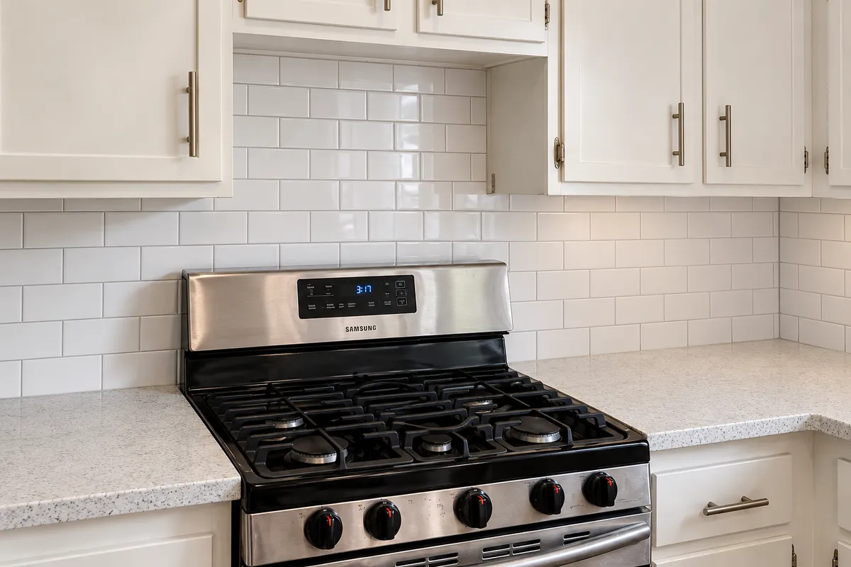 White subway tile backsplash behind a stainless steel stove in a residential kitchen