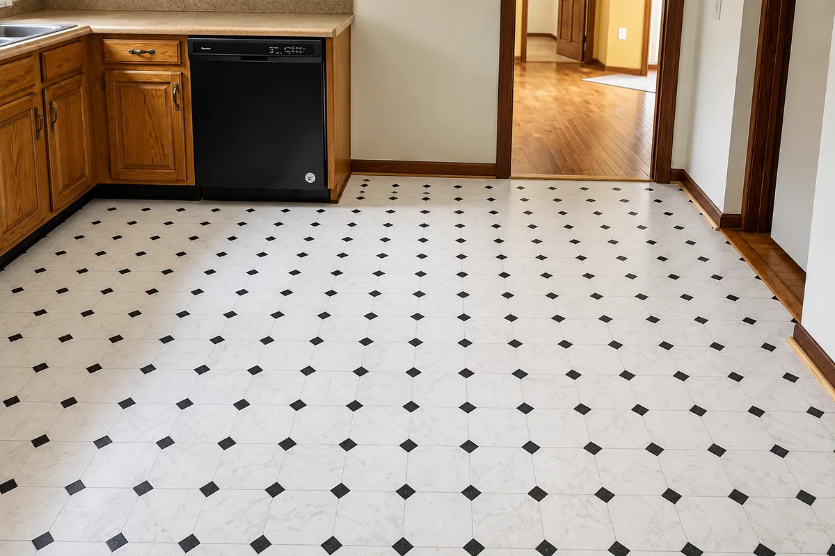 White tile kitchen flooring with small black diamond accents
