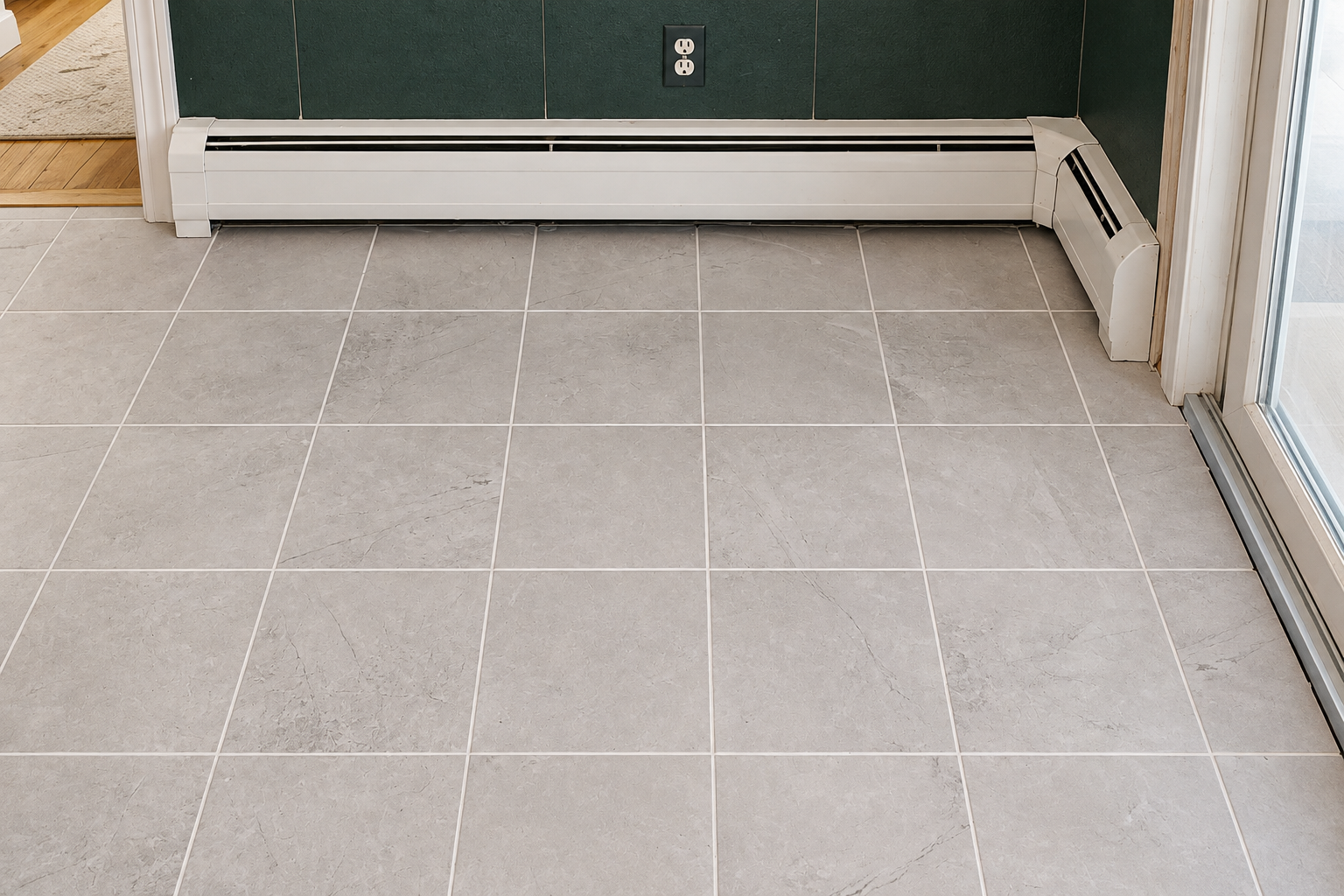 Large gray square floor tiles installed in a room with green walls