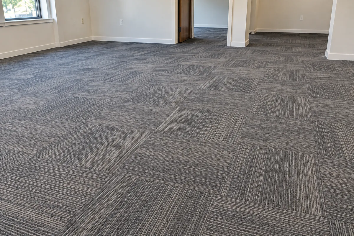 Gray patterned commercial carpet tiles installed in a spacious office interior