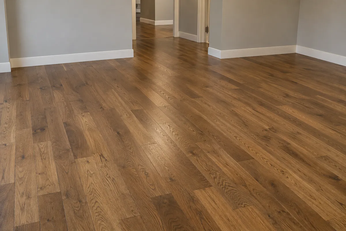 Warm brown wood plank flooring in a commercial interior with gray walls and white baseboards
