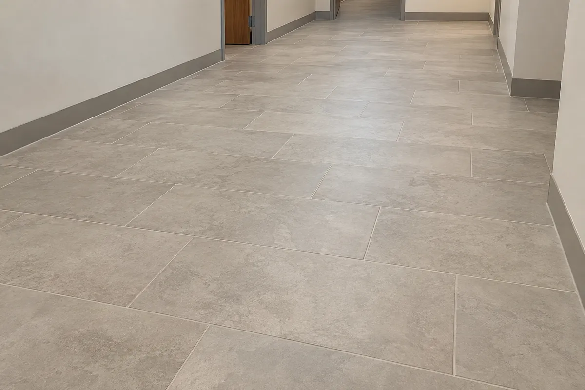 Large-format light gray floor tiles in a commercial hallway