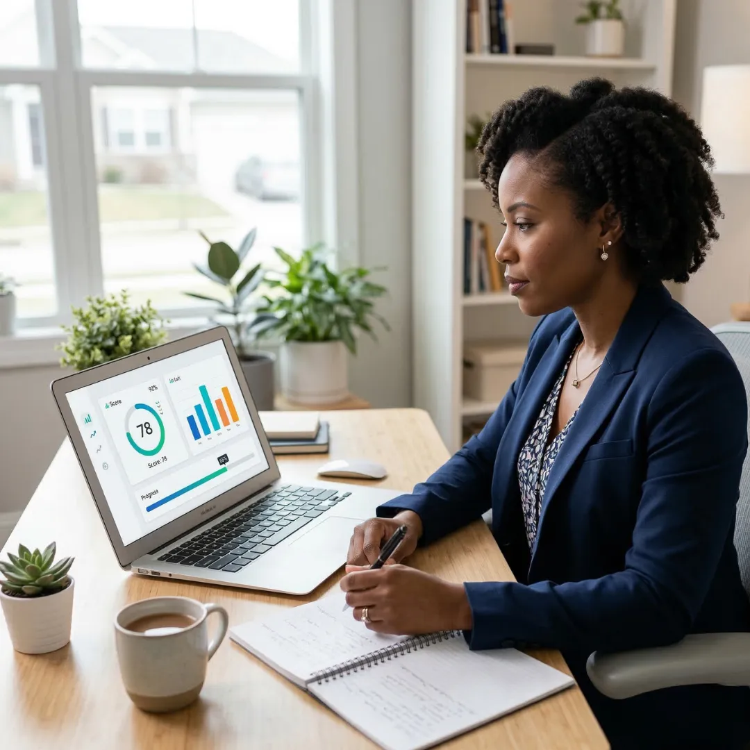 African-American professional woman completing financial risk & protection scorecard on laptop