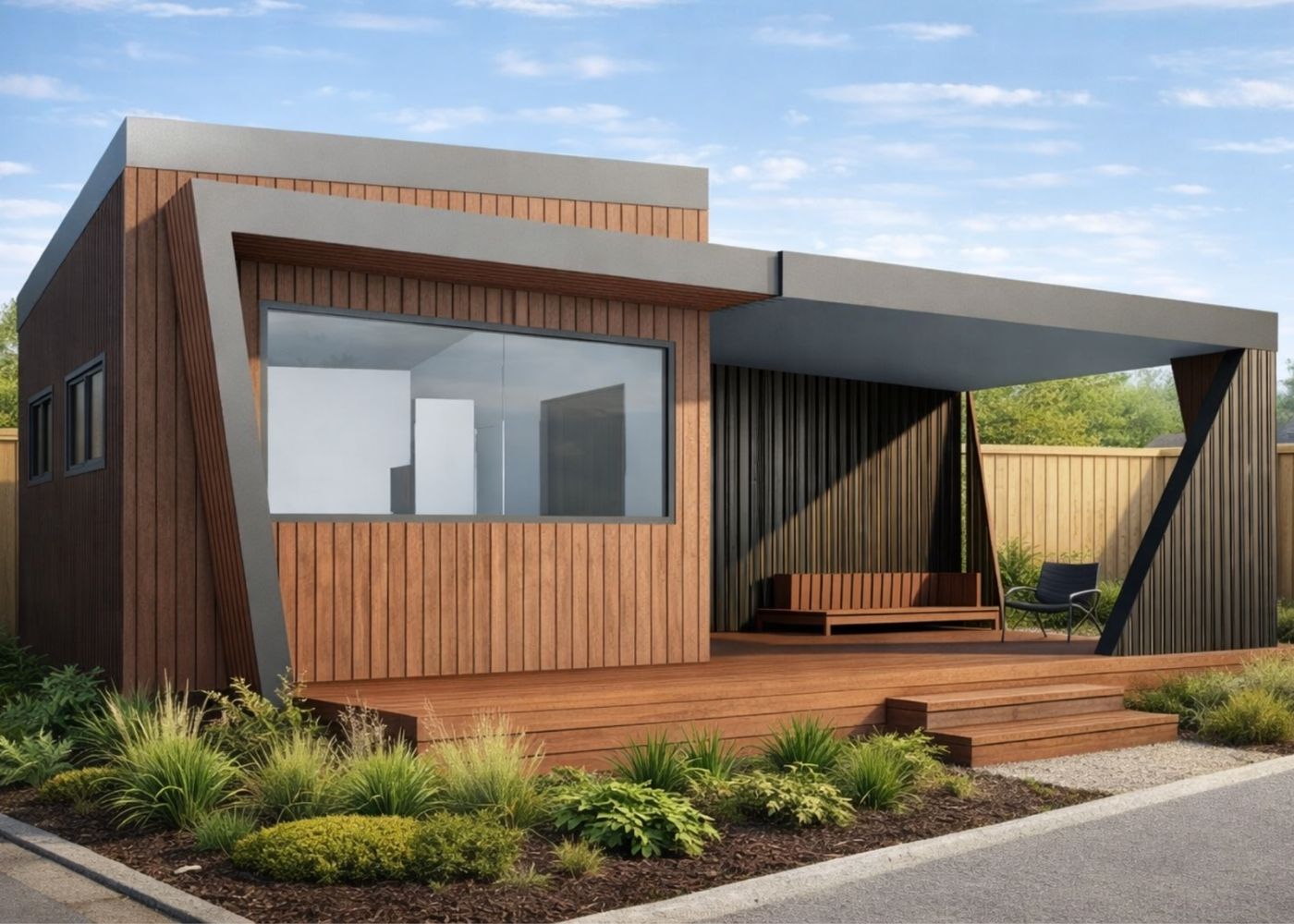 Modern monopitch compact home design in New Zealand with covered outdoor living
