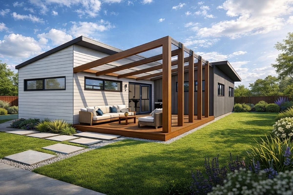 Compact single home design in New Zealand with mono pitch roof and outdoor pergola