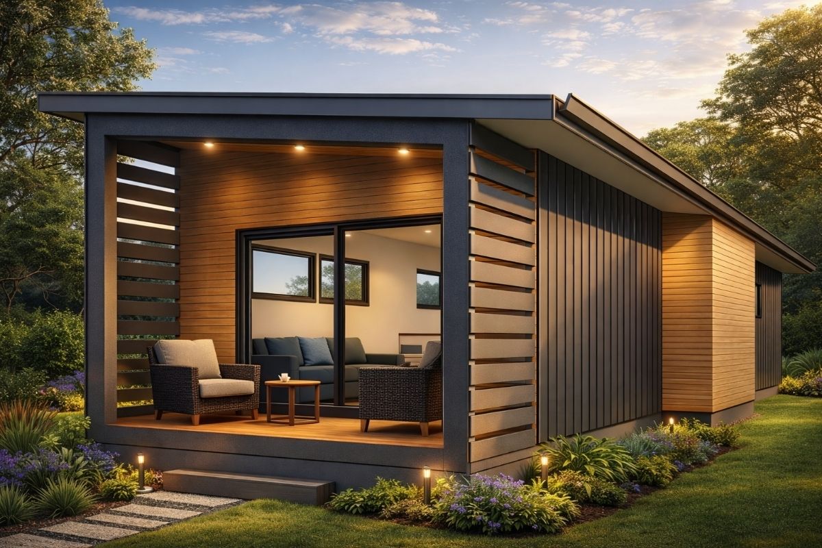 Monopitch granny flat design in New Zealand with compact layout and outdoor deck