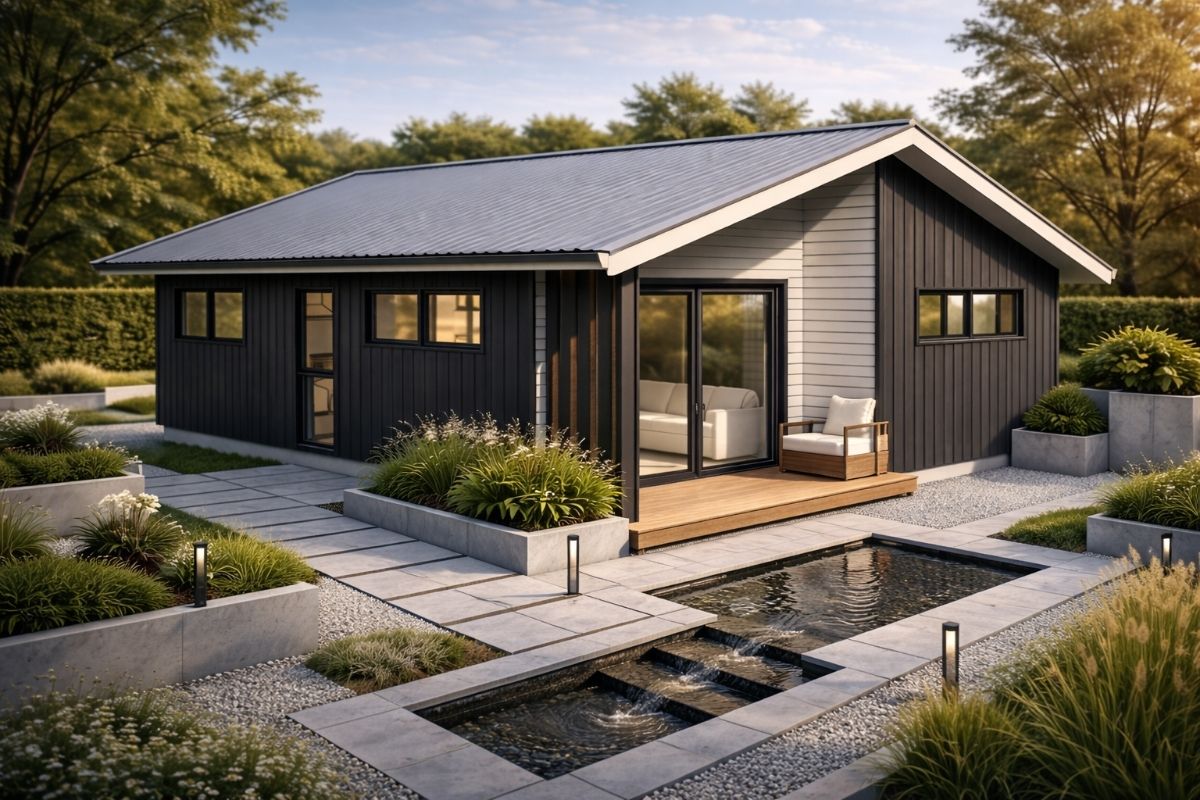 Gable box style granny flat design in New Zealand with compact layout and covered outdoor area