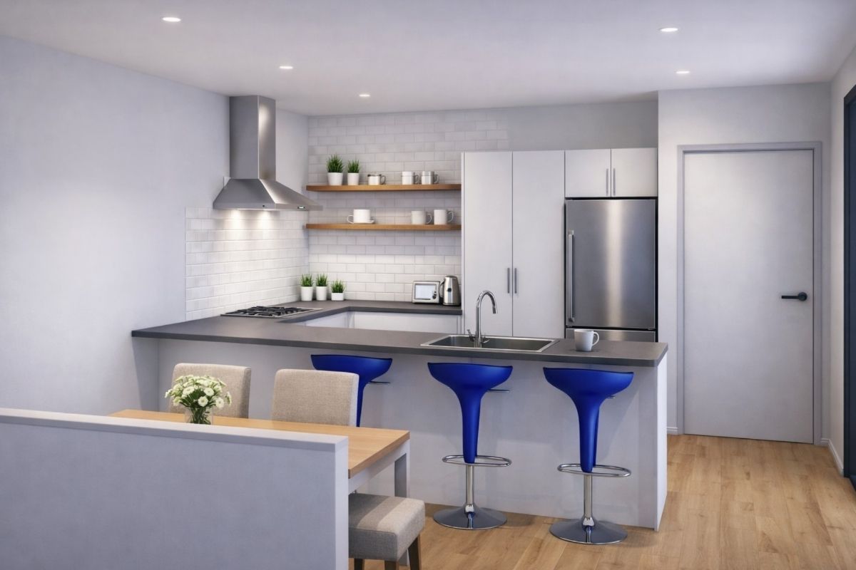 small granny flat open plan kitchen and living interior compact design