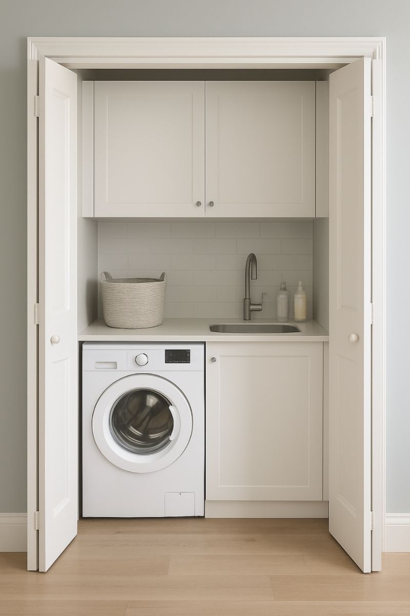 hidden laundry cupboard space saving storage solution home