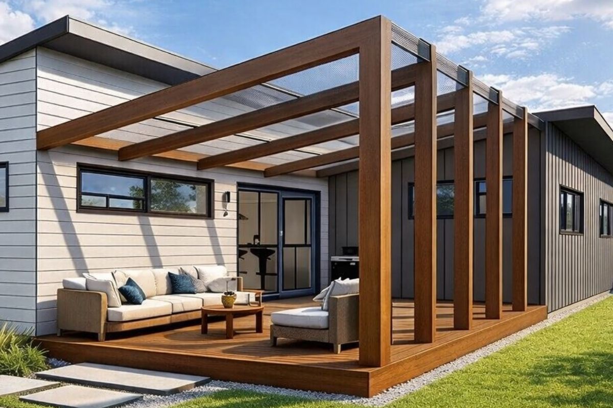 indoor outdoor flow covered deck pergola compact home design New Zealand