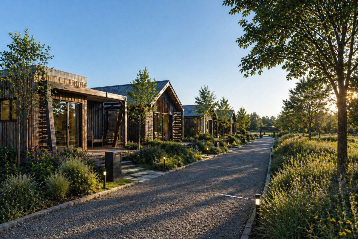 micro community housing layout with shared green space and compact homes NZ