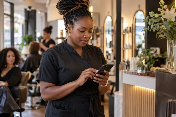 A salon owner responding promptly to a new customer enquiry between appointments.