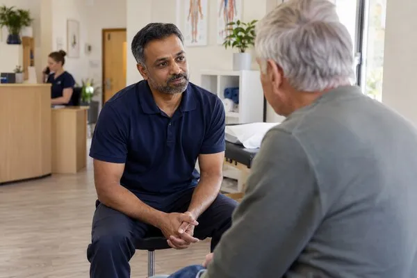 A physiotherapist giving an older patient his full attention while the clinic team handles administration.