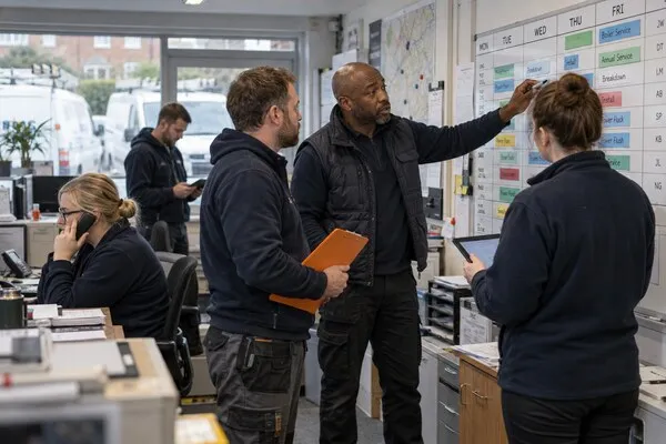 A home-services owner coordinating engineers, customer visits and office staff from one shared plan.