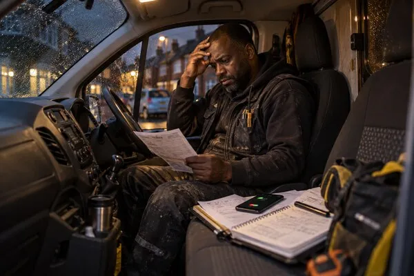 A trades business owner struggling to reconcile a job sheet, diary and ringing phone after work.