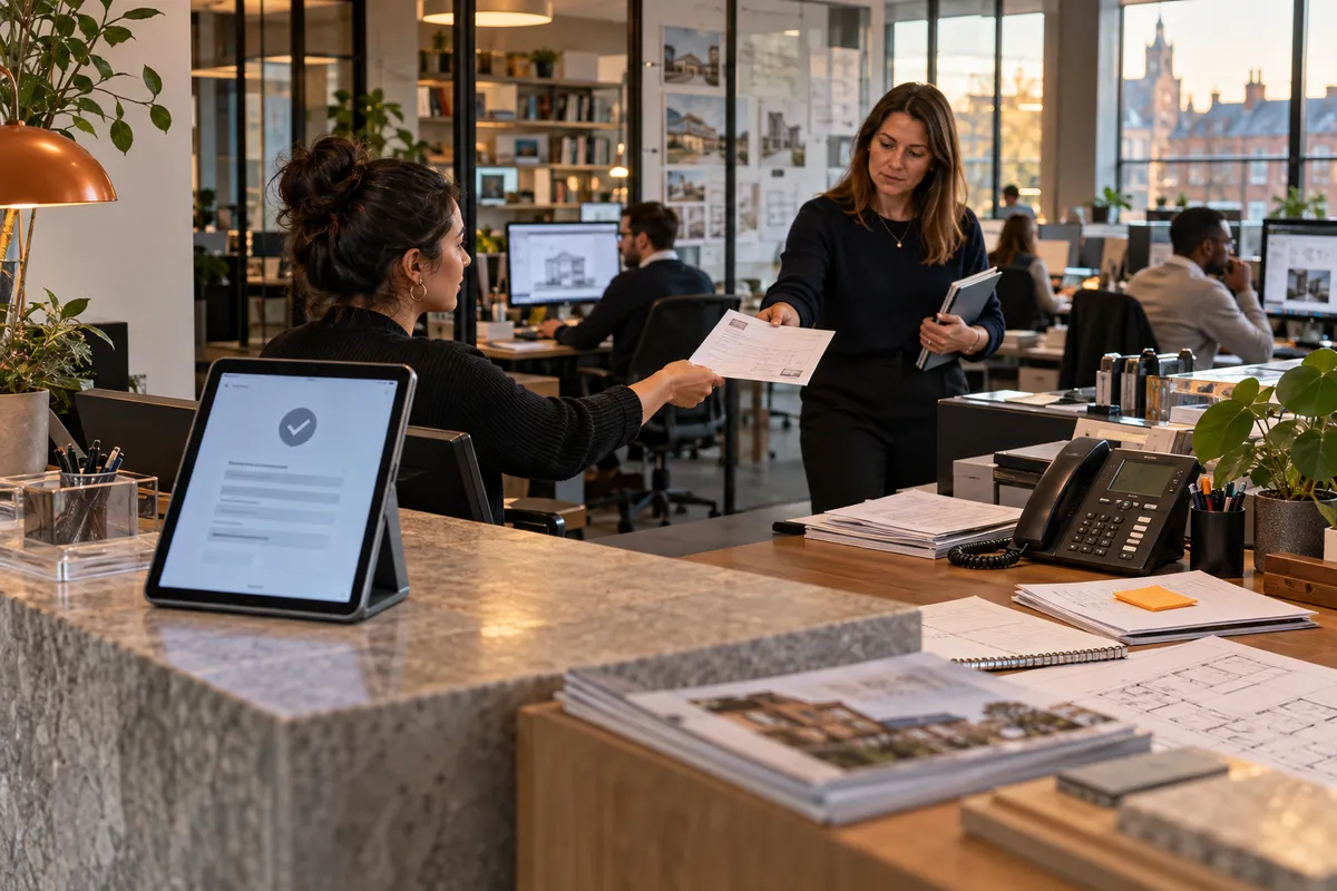 cinematic business photography showing an enquiry being transferred into an actual operational process