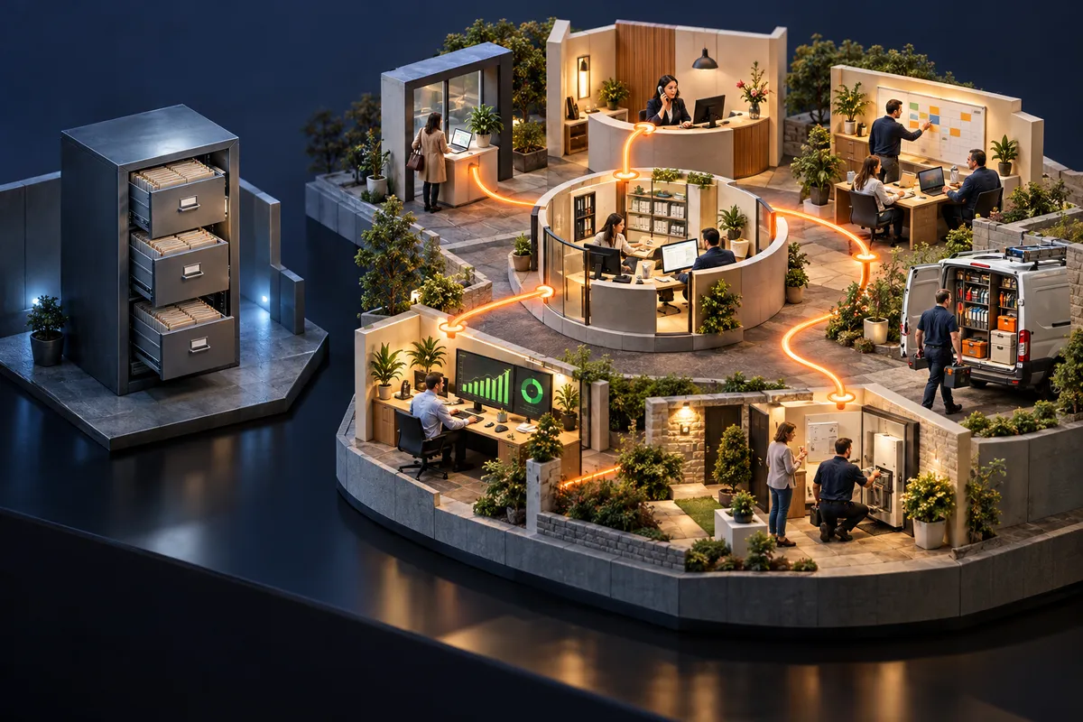 a premium architectural illustration contrasting an isolated database with a connected, functioning business.