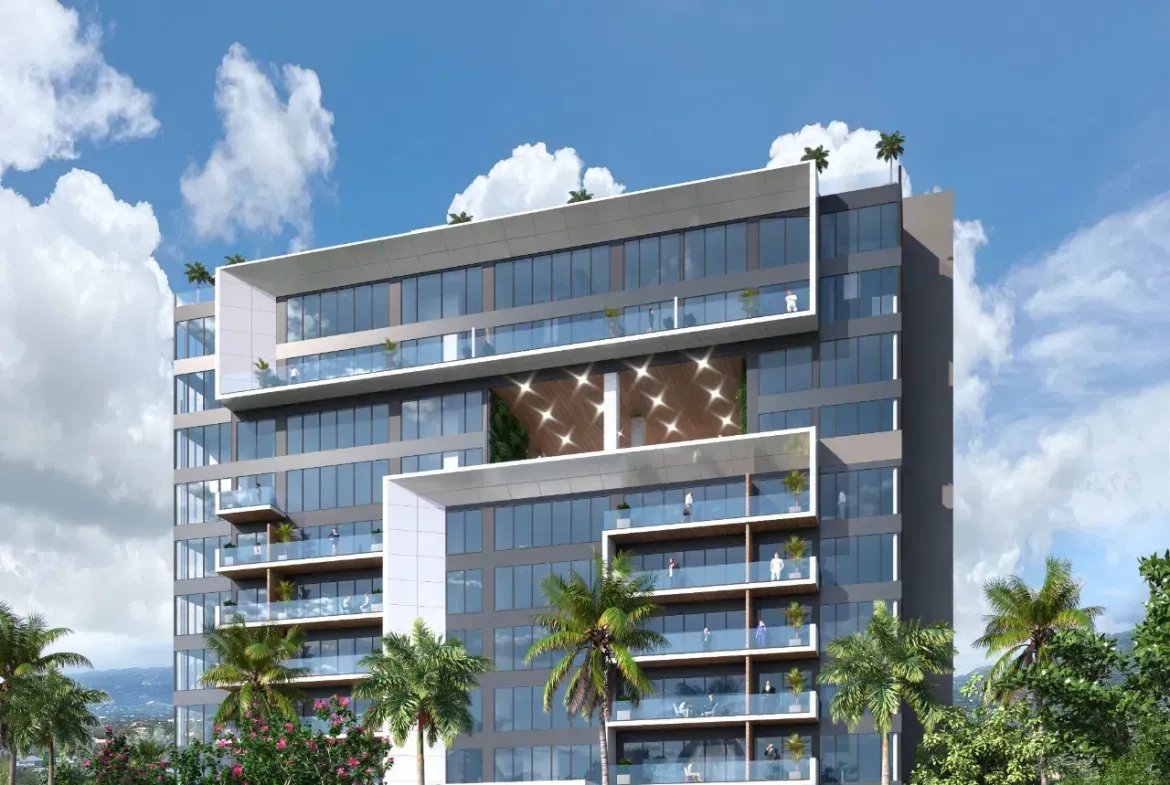 a rendering of a modern house with palm trees