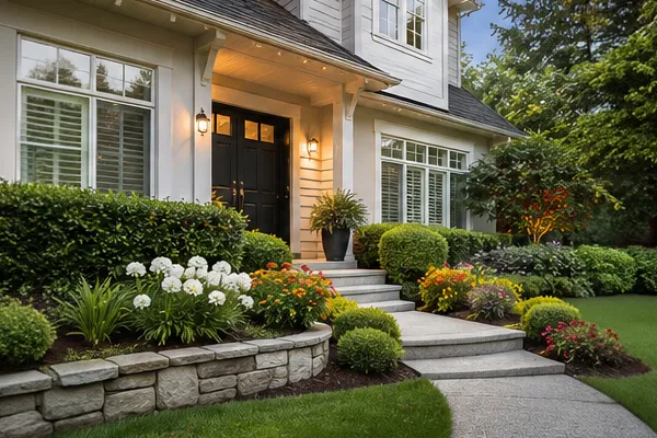 Beautifully maintained front yard with fresh landscaping, modern entryway, trimmed hedges, flowers, and welcoming exterior details.