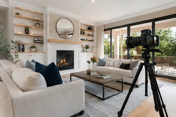 Modern real estate marketing setup featuring professional photography, social media promotion, luxury home visuals, and a polished digital marketing aesthetic.