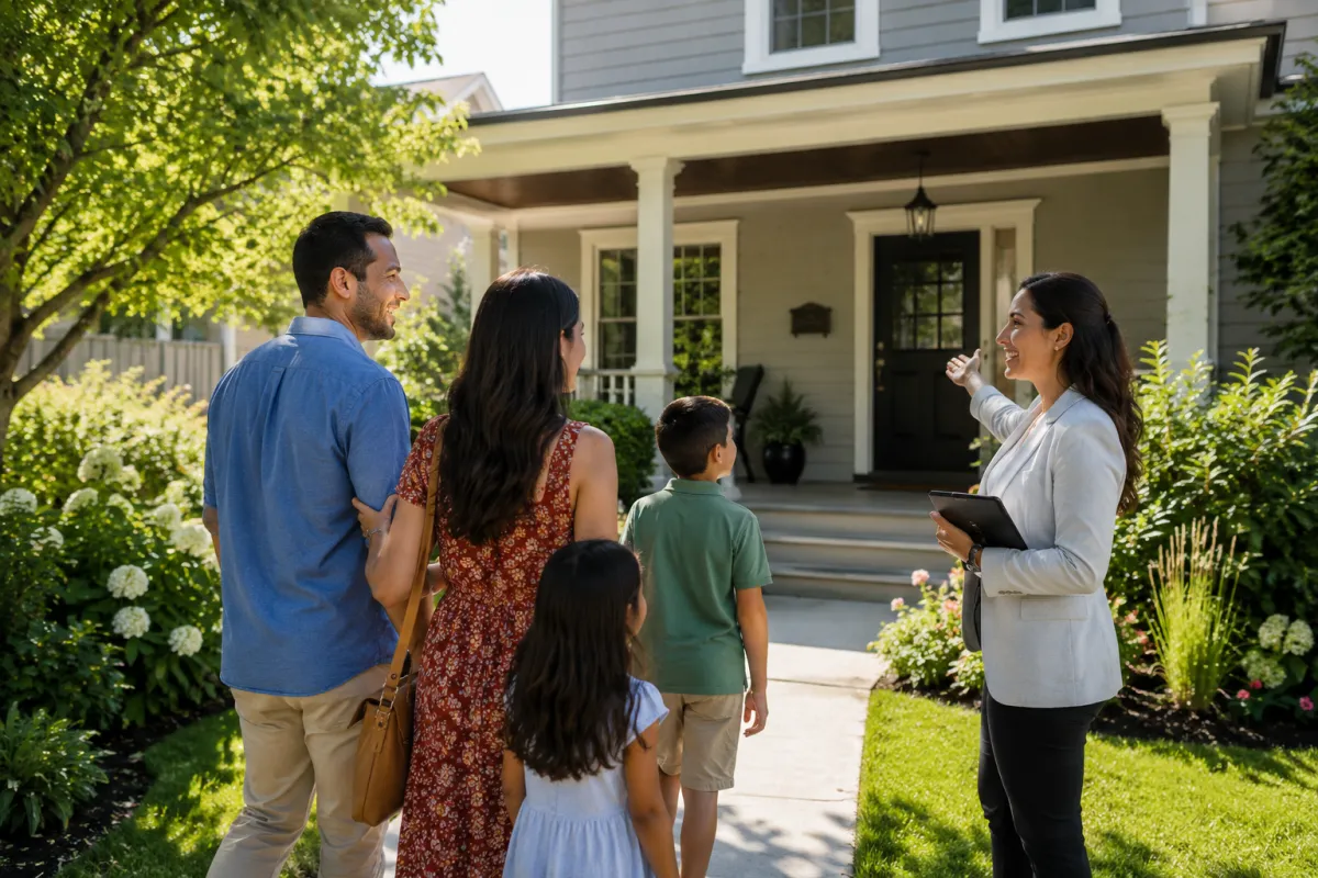 Family viewing a home during summer while exploring neighborhoods in Ventura County.