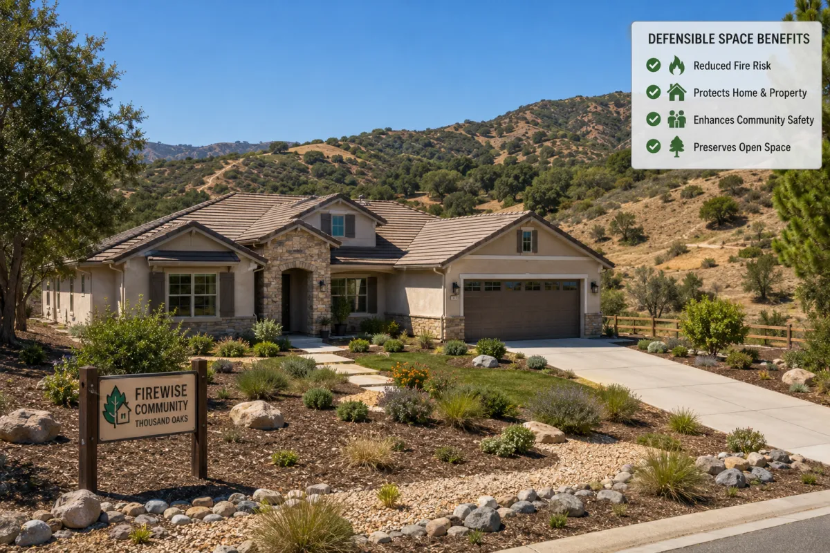 Ventura County home with fire-safe landscaping and preventative maintenance measures.