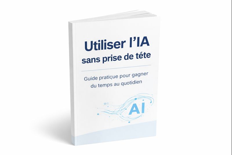 Couverture du guide PDF sur l’IA, illustrant un professionnel consultant un ordinateur portable dans un bureau moderne, ambiance lumineuse et rassurante, style épuré, composition centrée, couleurs bleu et blanc.