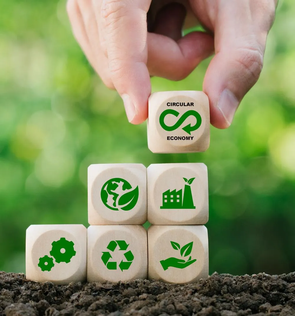 A person holds wooden cubes featuring eco-friendly symbols, emphasizing sustainability and environmental awareness