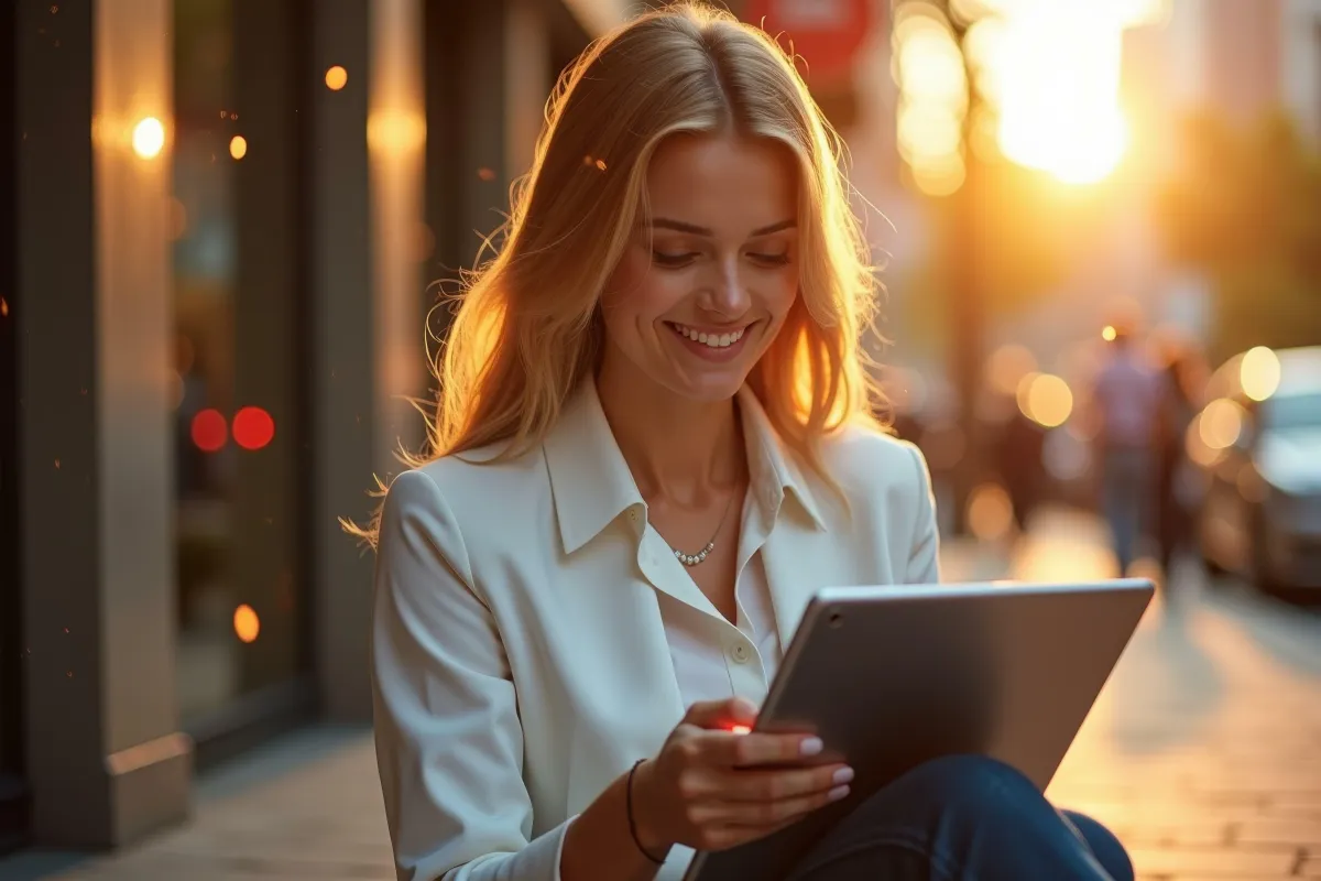 A woman joyfully laughs at her desk, engaged with her laptop, creating a lively and cheerful atmosphere