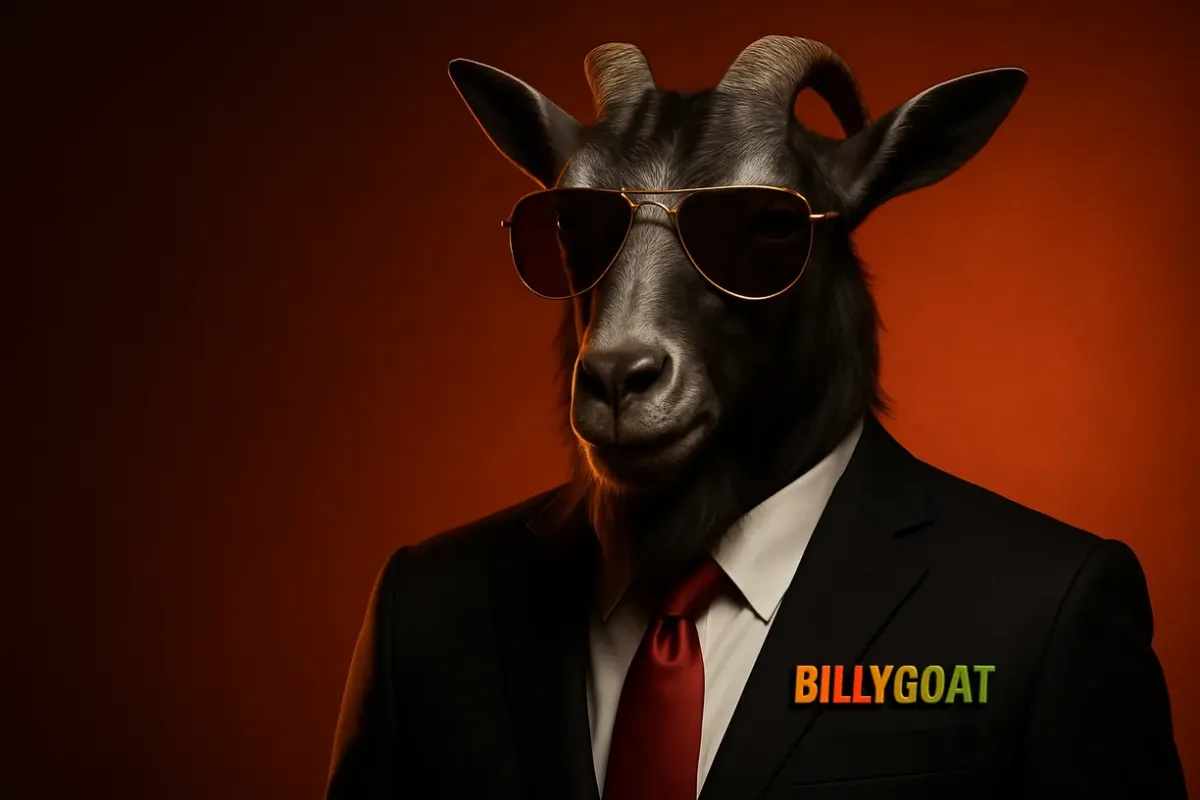 A goat dressed in a suit and tie stands against a white background, exuding a humorous and sophisticated appearance