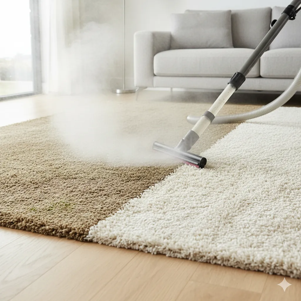 Professional carpet cleaning using deep steam and hot water extraction to remove stains, dirt, and odors.