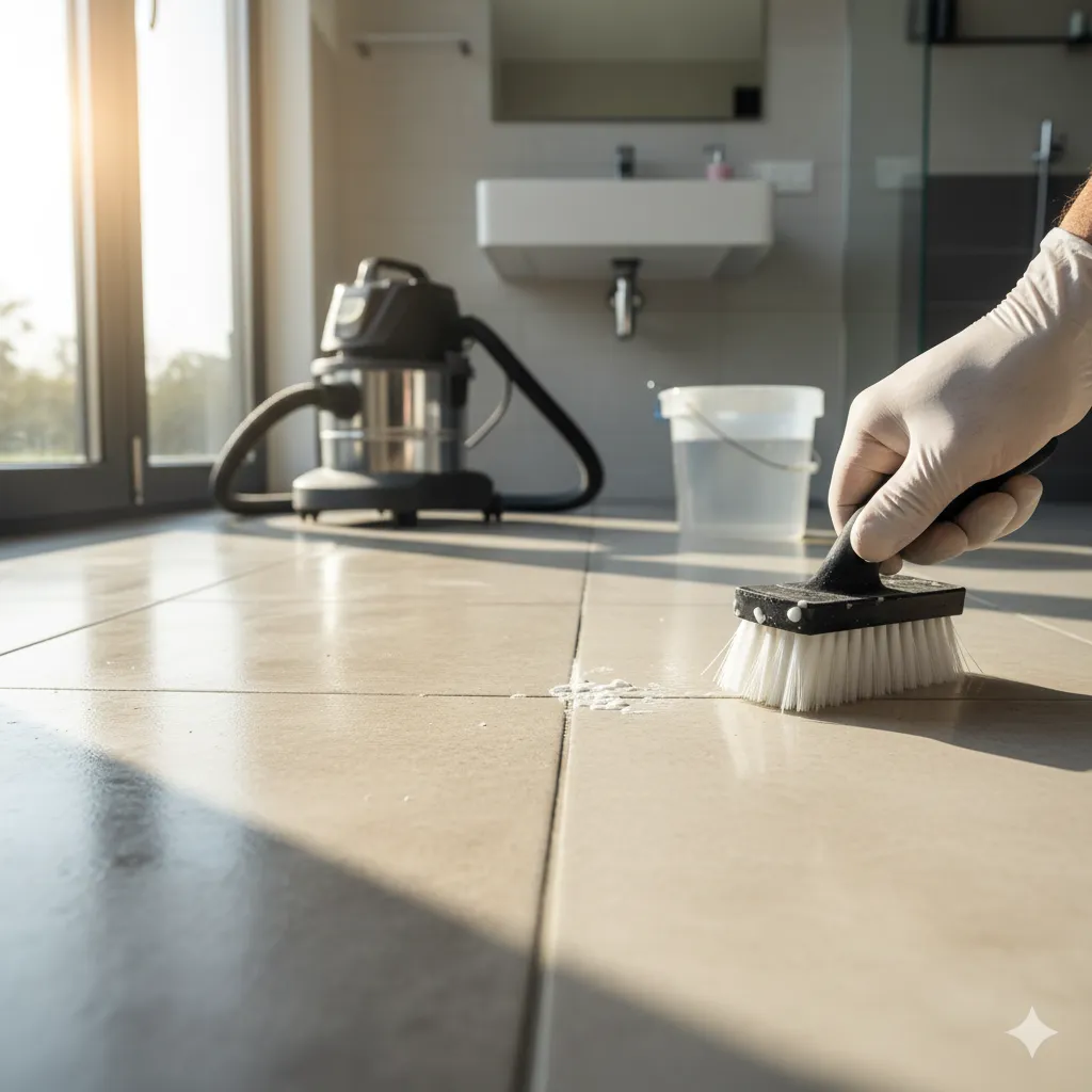 Tile and grout cleaning specialist restoring shine and removing buildup with professional floor cleaning equipment.