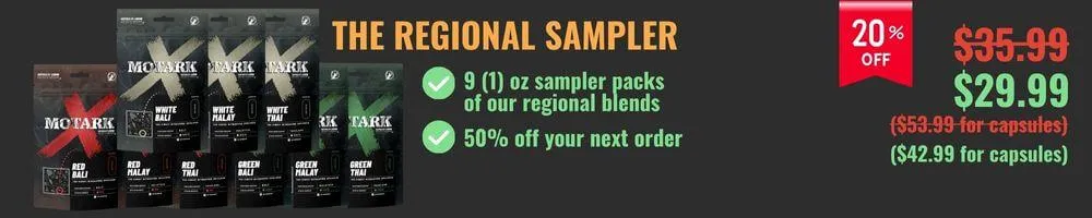 The Regional Sampler: Bali, Malay, and Thai versions of our green, red, and white kratom