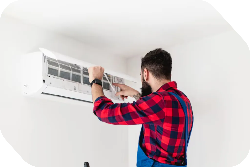 Illustration d'une unité intérieure moderne et d'un technicien avec une tablette, ambiance lumineuse et neutre.