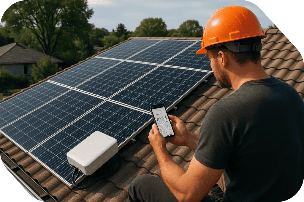 Illustration d'une unité intérieure moderne et d'un technicien avec une tablette, ambiance lumineuse et neutre.