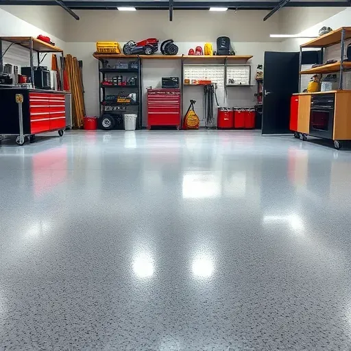 Glossy new garage floor in Milwaukee with durable epoxy coating, subtle pattern, organized tools, and bright lighting