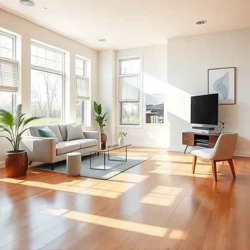 Freshly painted modern neutral interior with crisp edges, natural light, polished hardwood floor, minimalist decor, and stylish furniture