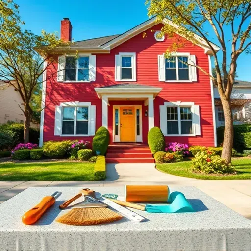 Freshly painted residential home in South Milwaukee with vibrant colors, tools, and a beautiful garden setting.